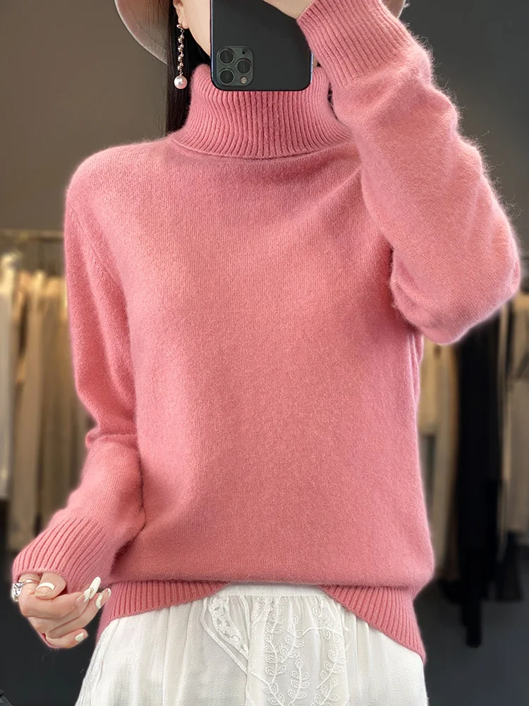 100% Mink Cashmere Women Sweater Basic Bottoming Female Pullover Long Sleeve New Knitwear Tops Turn Down Collar Autumn Winter