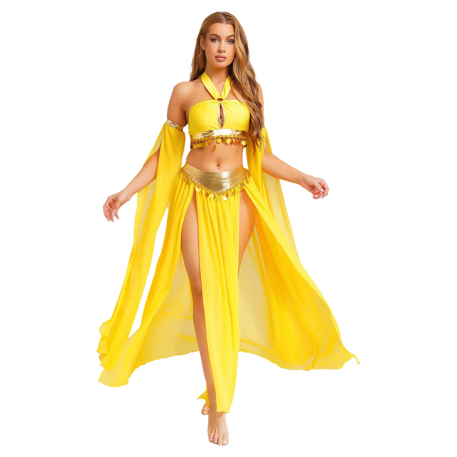 Oosterse Indiase buikdansoutfits voor dames Prestatiekostuum Crop top met pailletten aan de voorkant en ingebouwde slip Rok met zijsplitten