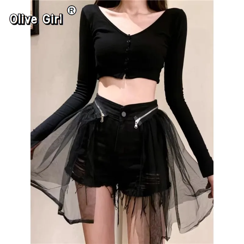 

Olivegirl, летние джинсовые шорты Y2k, модные уличные рваные сетчатые шорты на молнии, искусственные двухсекционные брюки-кюлоты с высокой талией, шорты трапециевидной формы