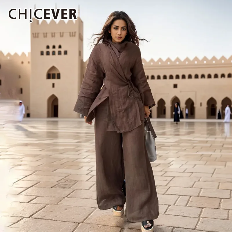 CHICEVER  Solid 2 Piece Set For Women V Neck Long Sleeve Loose Apliced Lace Up Top Wrinkled Wied Leg Pants Female Summer Clothes