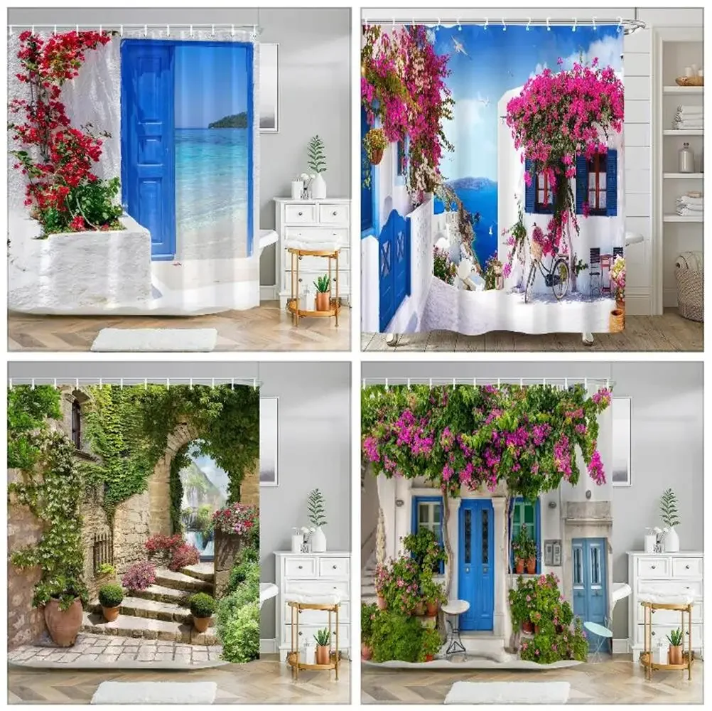 Greek Town Street View Shower Curtain Blue Wooden Doors Windows Flower Plant Wall Decor Bathroom Hanging Curtains Set With Hooks