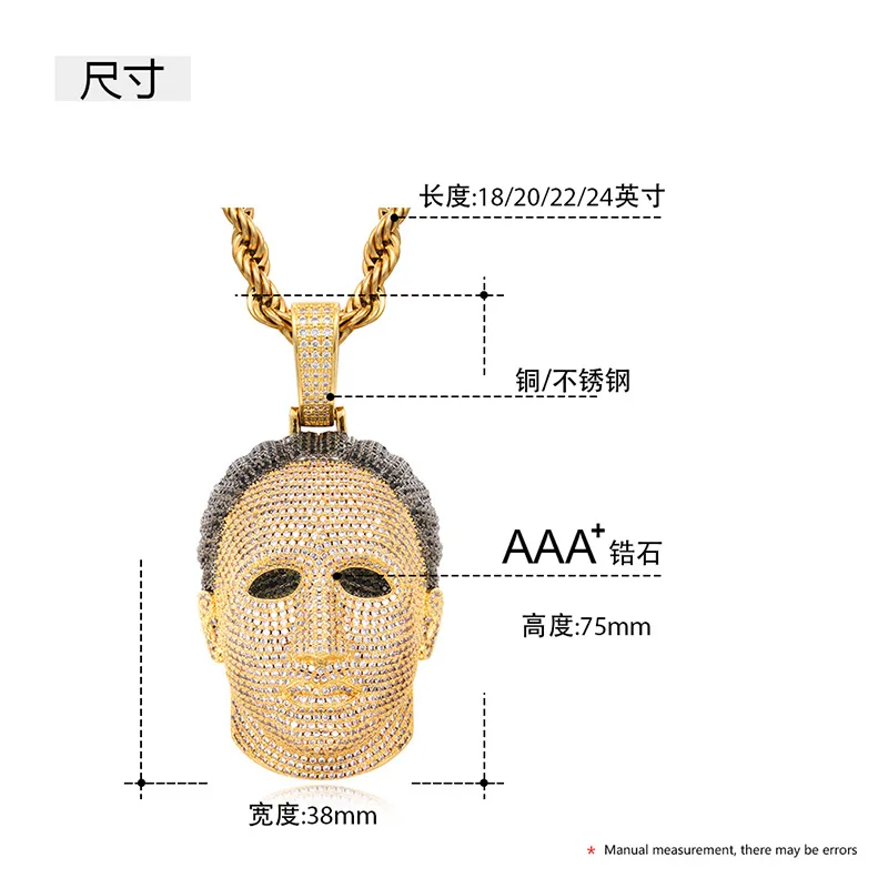 Hip Hop 5A+ CZ Stone Bling Iced Out Man Head Mask Pendants Necklaces for Men Rapper Jewelry Gold Silver Color