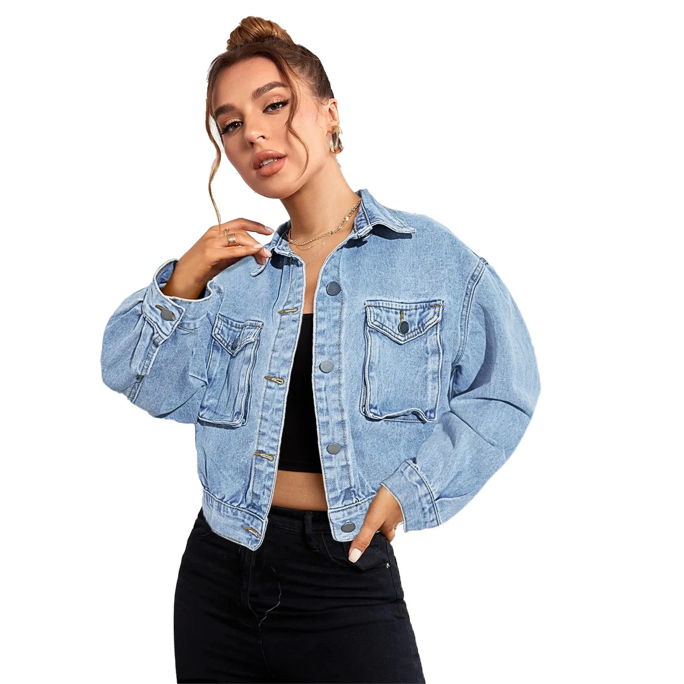 2023 Automne Hiver Nouveau Denim Veste Pour Femmes Mode À Manches sulfCourt Jeans Manteau Casual Dames Vêtements XS-L