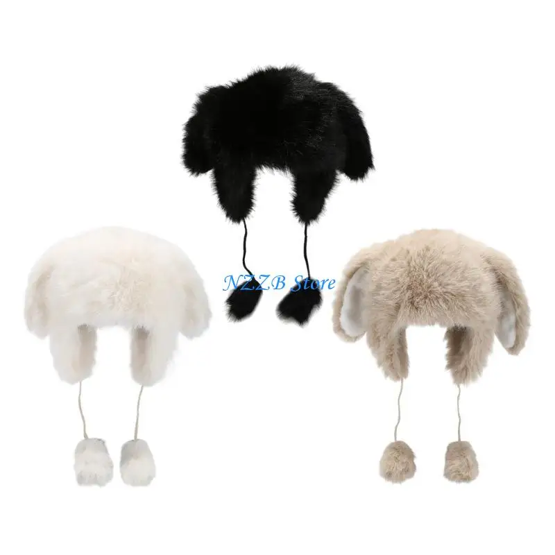 

T21F Cartoon Ear Plush Hat Warm Earmuff Hat Cold Weather Trapper Hat for Adult Unisex