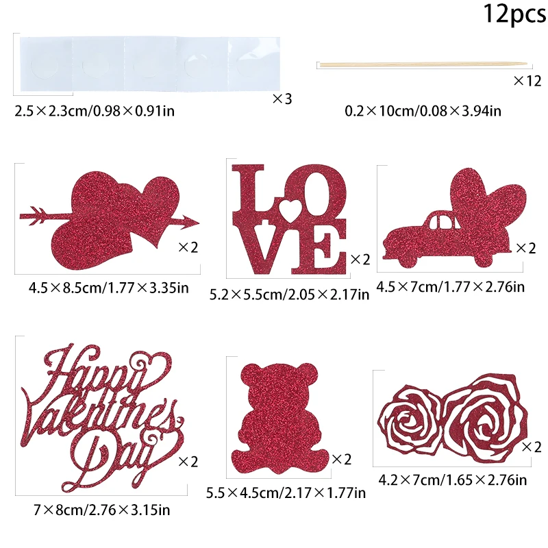 12Pcs Wedding Cupcake Topper Set Love Heart Rose Bear Flower Cake Topper Flag Happy Valentine's Day  Party Cake Decor Supplies