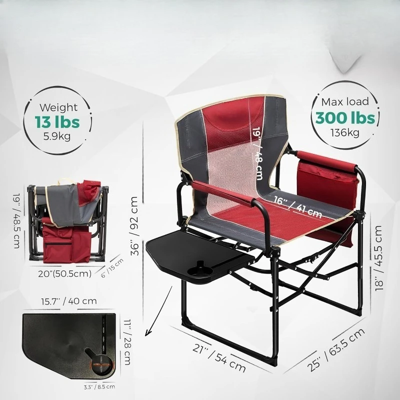 Camping Directors Chair, Heavy Duty,Oversized Portable Folding Chair with Side Table, Pocket for Beach, Fishing