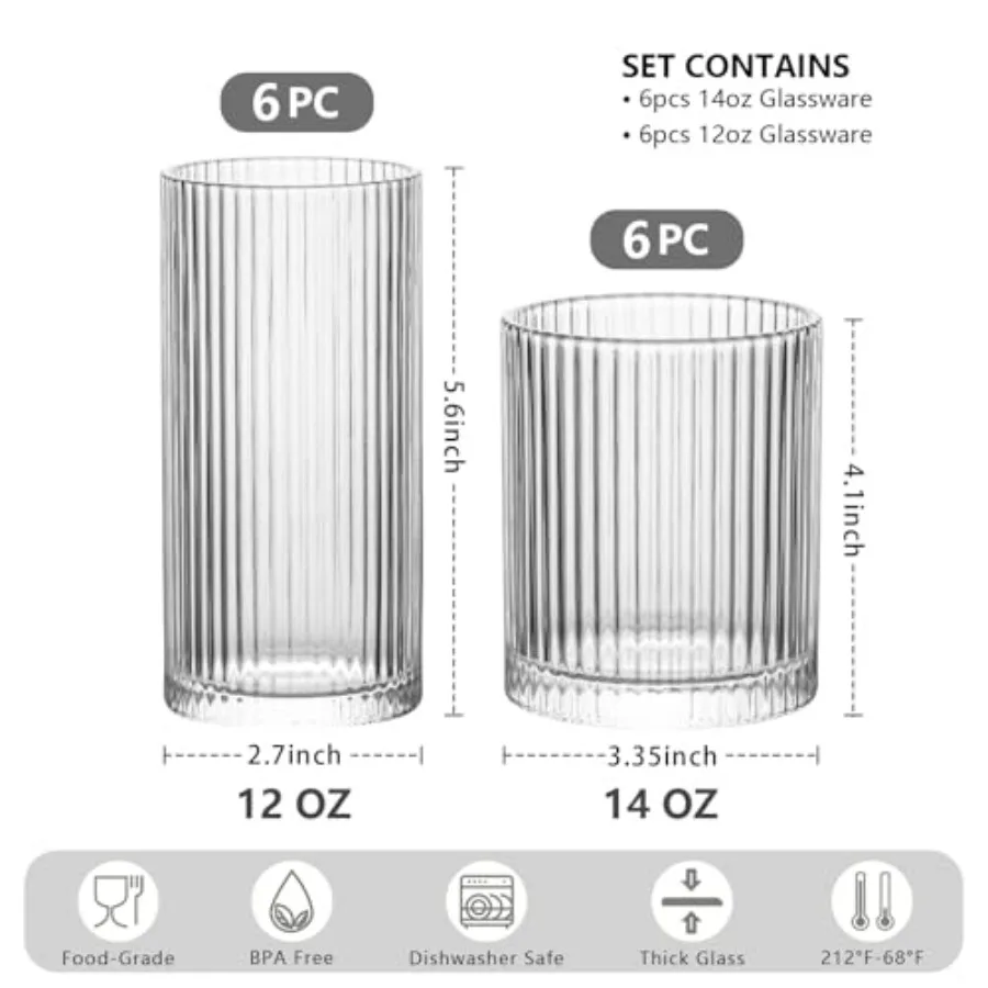 أواني زجاجية مضلعة مكونة من 12 قطعة - 6 أكواب عالية الكرة 12 أونصة، 6 أكواب زجاجية صخور 14 أونصة، أكواب شرب كوكتيل عتيقة، مثالية للفوز #2