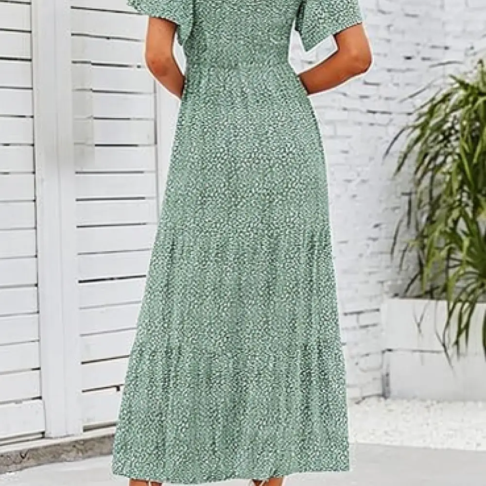 Boho Floral Maxi Dress Women Summer Short Sleeve Loose Fit Beach Sundress Casual Elegant Plus Size Vacation Clothing Outfit
