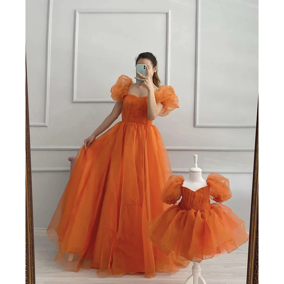 Customized Sweetheart Puff Sleeves Mother And Daughter Evening Dresses 2024 Elegant ALine Floor Length Organza Zipper Prom Dress