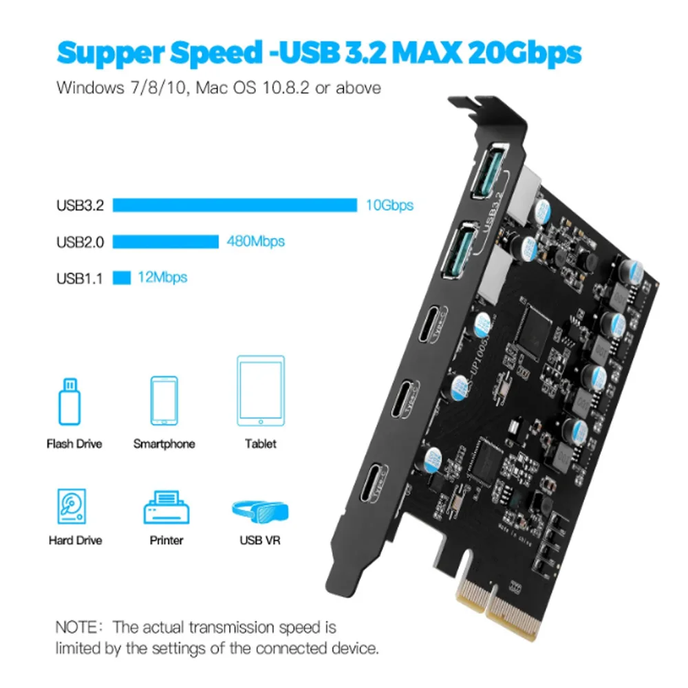 

10 Гбит/с USB 3.2 Gen2 PCIE4x-концентратор карты USB PCI Express Плата 3 порта USB C + 2 порта USB A 5-портовый адаптер карты расширения PCI-E