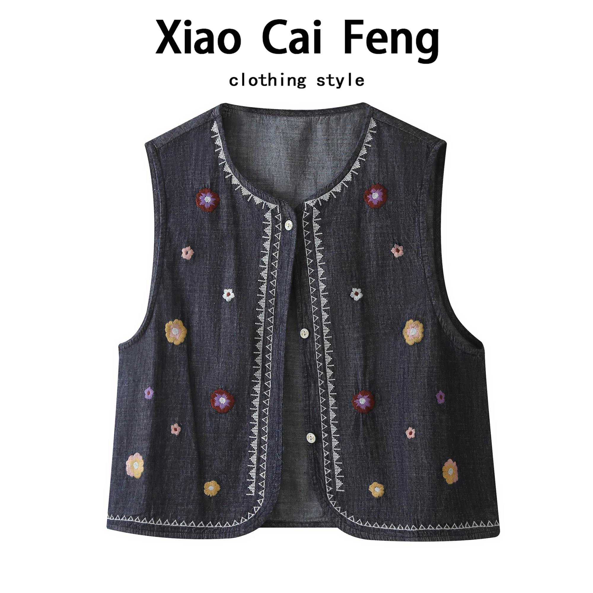 

Embroidered Flower n Sle Denim Vest Svel Women's Faion Layering Trendy oulder Pad Autumn Season