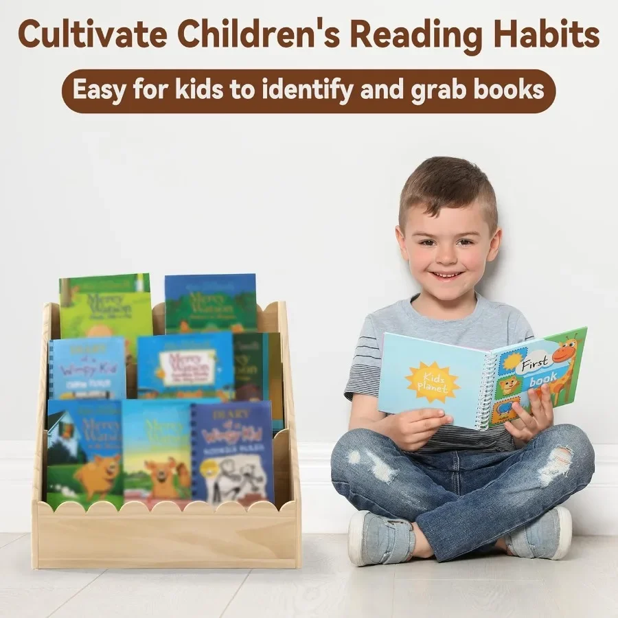 Scalloped 3Tier Wooden Bookshelf for Aged 15 Years Perfectly Sized for Toddlers Durable and Stylish Book Organizer for Nursery