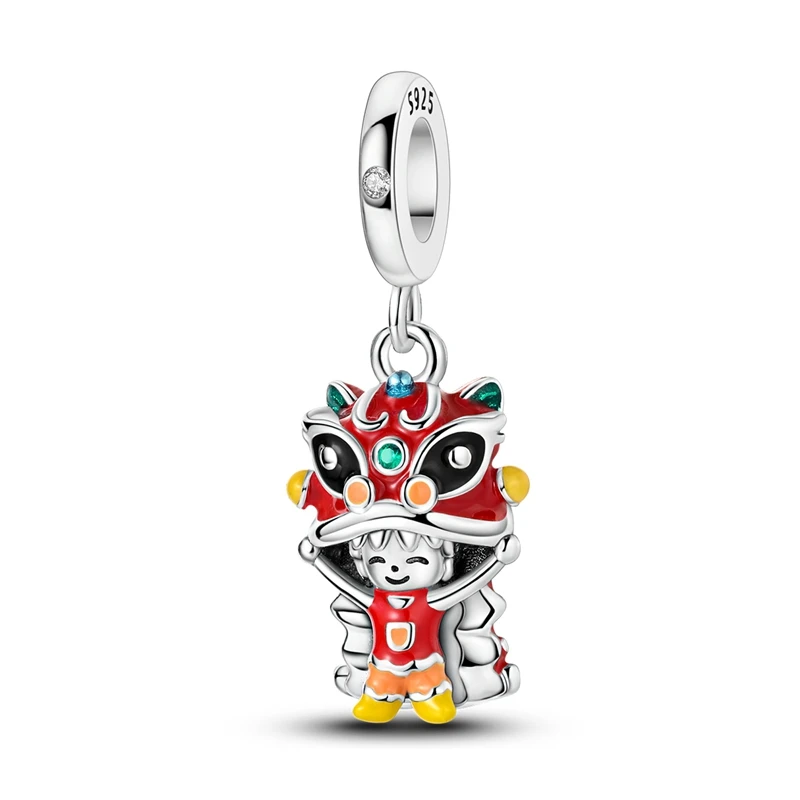 

925 Sterling Silver New Year Lion Dance Zircon Charms Beads Fit 3mm Original Bracelet DIY Women Birthday Anniversary Jewelry