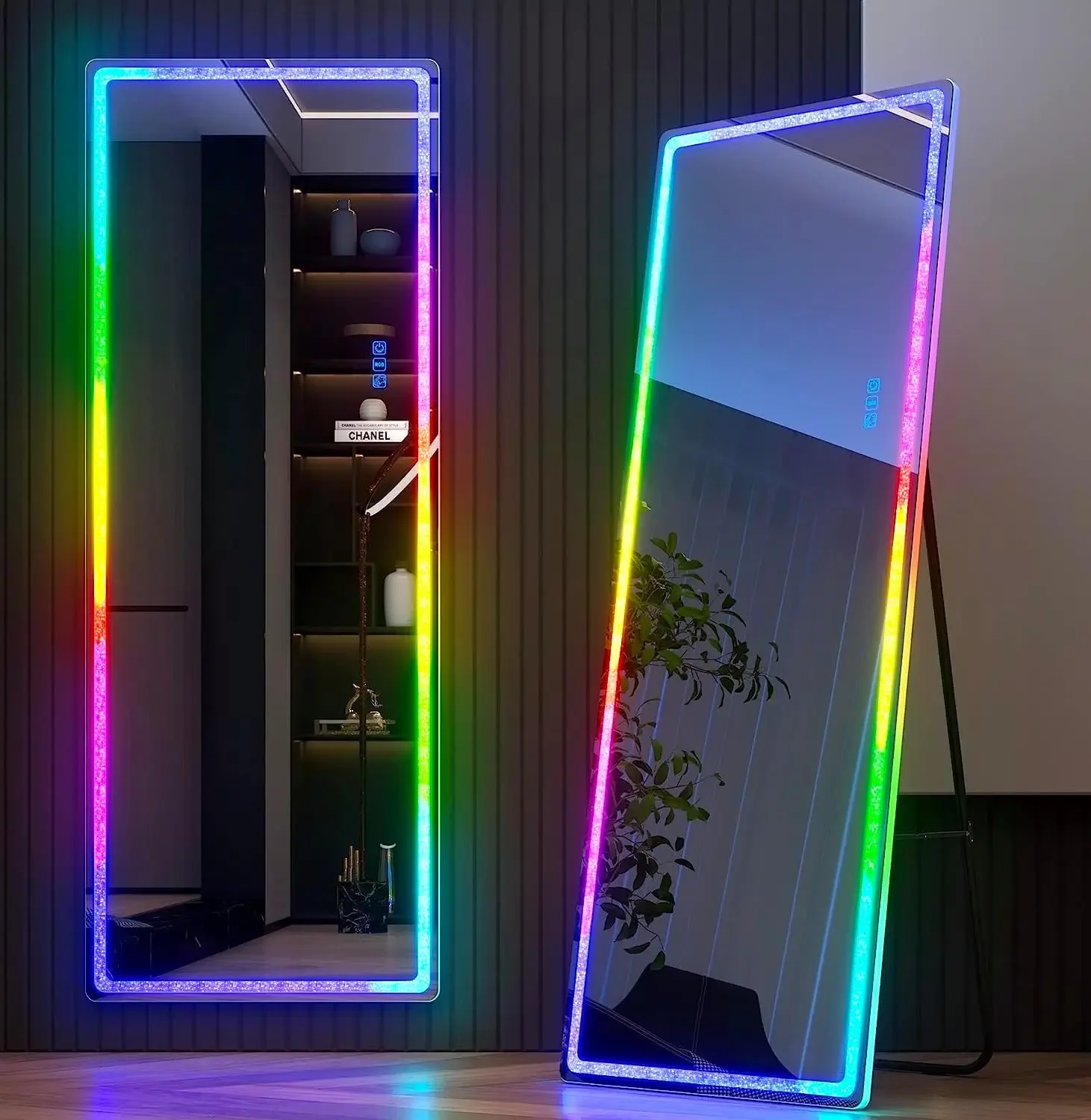 Full Length Mirror with RGB LED Lights, Full Body Lighted Mirror with Crushed Diamond, 63x20 Free Standing Floor Mirror, Wall Mo