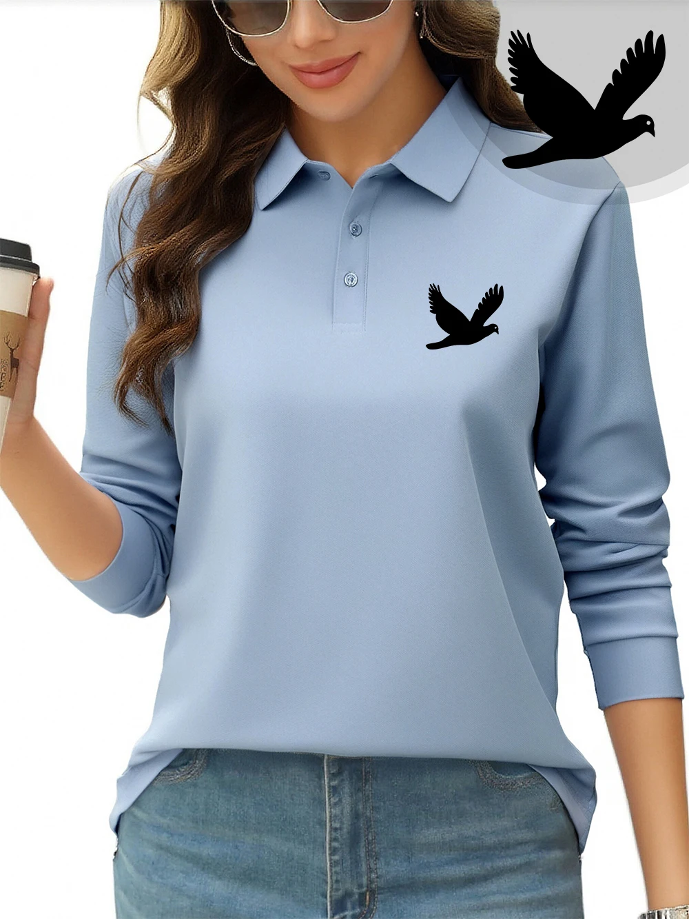 

Dove Of Peace Printing Polo Shirts Womens All Season Breathable Lapel Tops Sporty Long Sleeves T-Shirts Casual Womans Clothes