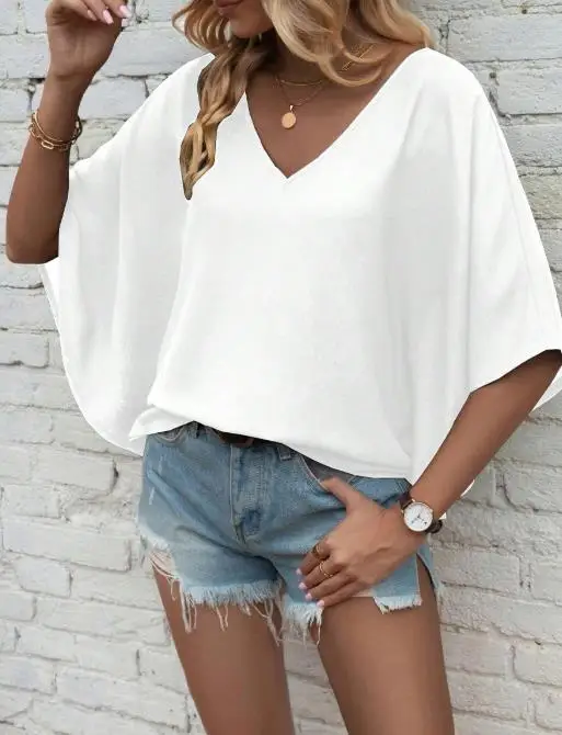 

Summer New Product Style Solid Color Half Sleeve T-Shirt Hoodie V-Neck Solid Color Loose Bat Sleeve Casual Women's T-Shirt Top