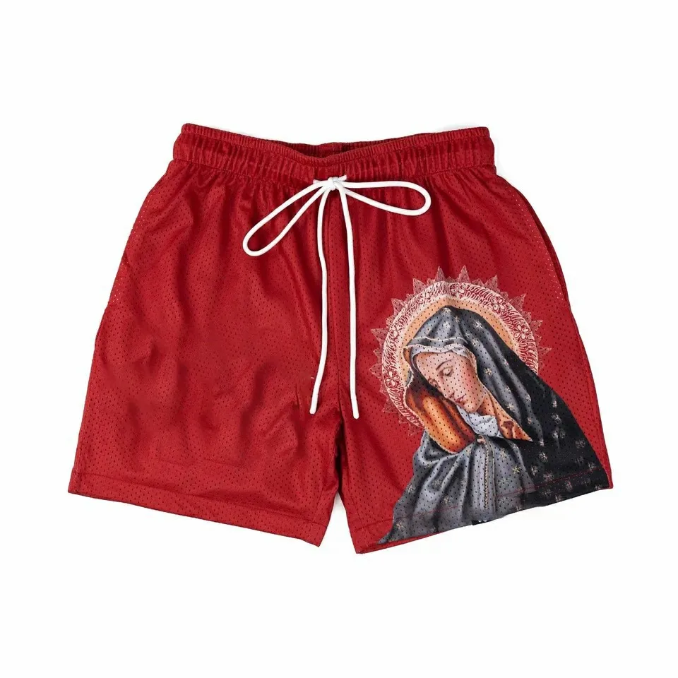 Shorts esportivos respirável Virgin Mary masculino, shorts casuais de bolso com cordão, calças de praia 100% poliéster, verão, 2024