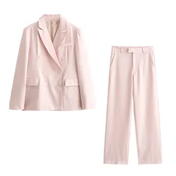 2024 Summer New Product Women's Fashion Double breasted Suit Coat High Waist Straight Leg Pants Casual Set