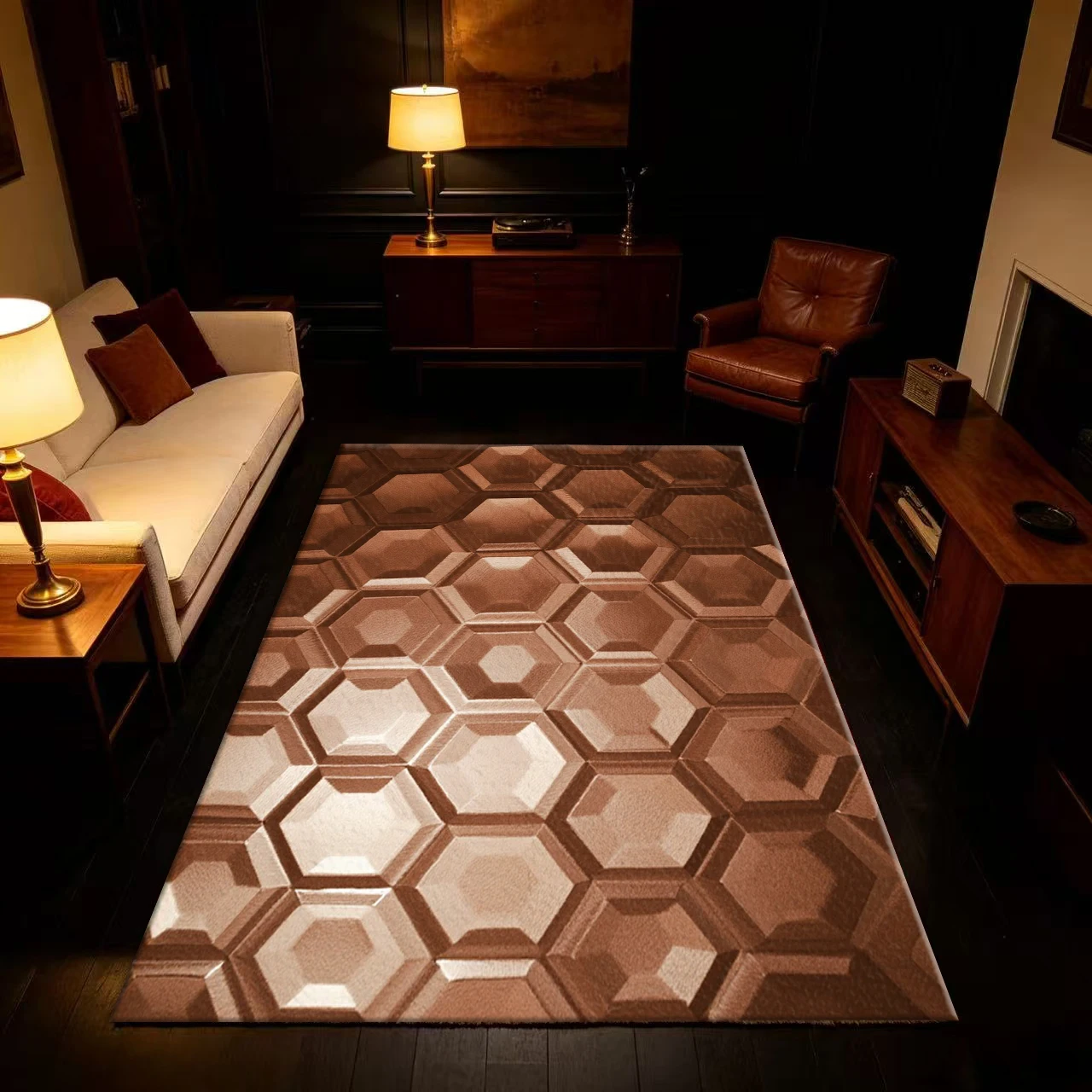 3D Brown Hexagonal Textured Carpet Flooring Anti-Slip Decorative Floor Rug For Indoor Living Room Home Decor