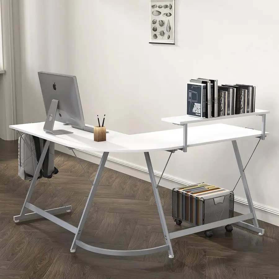 51 x 51 Inches Vista LShaped Desk with Monitor Stand and Drawer, White