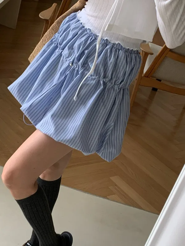 

Chic Vertical Stripe Women's f Skirt Elastic Waist Dstring Anti-Light Sweet Puffy Flower ort Skirt Trendy Commute