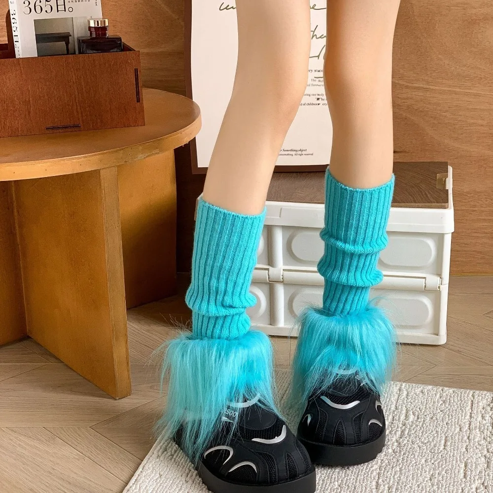 

Fashion Y2K Leg Warmers with Fur Trim Keep Warm Boot Cuffs Faux Trim Solid Color Knitted Leg Cover Winter