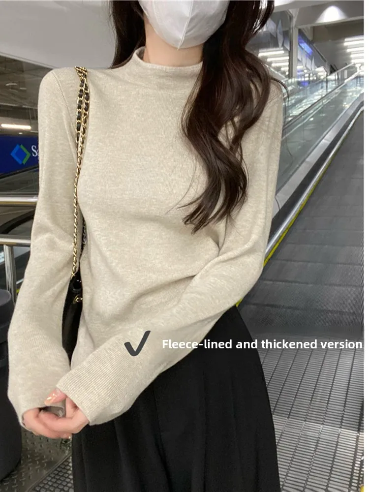 

Spring 2026 Women's Slim Fit Long Sve Knitted Sweater Fce Lined Thiened f High Collar Pure Color Casual Sle