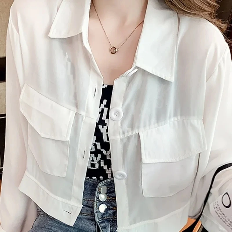 Thin Chiffon Sunscreen Women\'s Jacket 2022 New Summer Casual  Long-Sleeved Cardigan Short Coat Tops Green White Black Outerwear