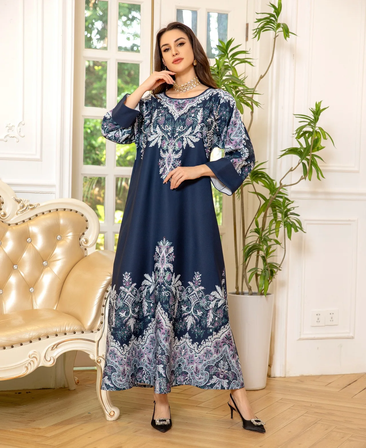 Jalabiya-Robe de soirée arabe à manches longues pour femmes, caftan, vêtements islamiques, perles imprimées, caftan du golfe de Dubaï, Abaya, Ramadan, Eid