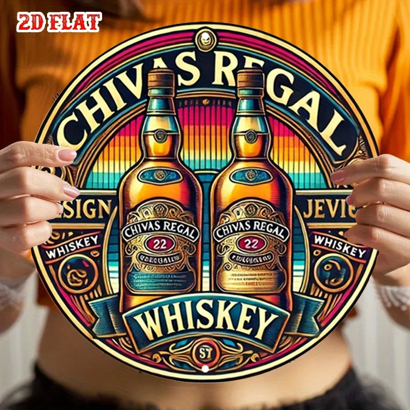 2D Flat 1pc Celebratory Spirit Round Aluminum Sign, Luxurious Label Metal Tin Sign, Elegant Whiskey for Room Decor