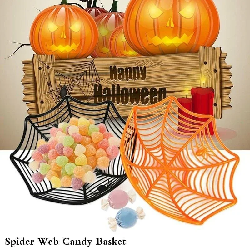 2026 Spider Web Shaped Plastic Candy Bowl Fruit Plate Black Orange Halloween Candy Basket Home Party Snack Storage Decor