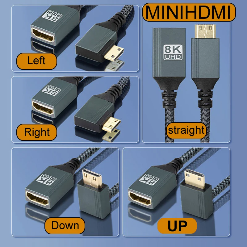 15CM Nylon Braid 8K/60Hz/122Hz MINIHDMI MINI HDMI Male To Female HDMI-Compatible Adapter Straight/left/right/up/down Angle Cable