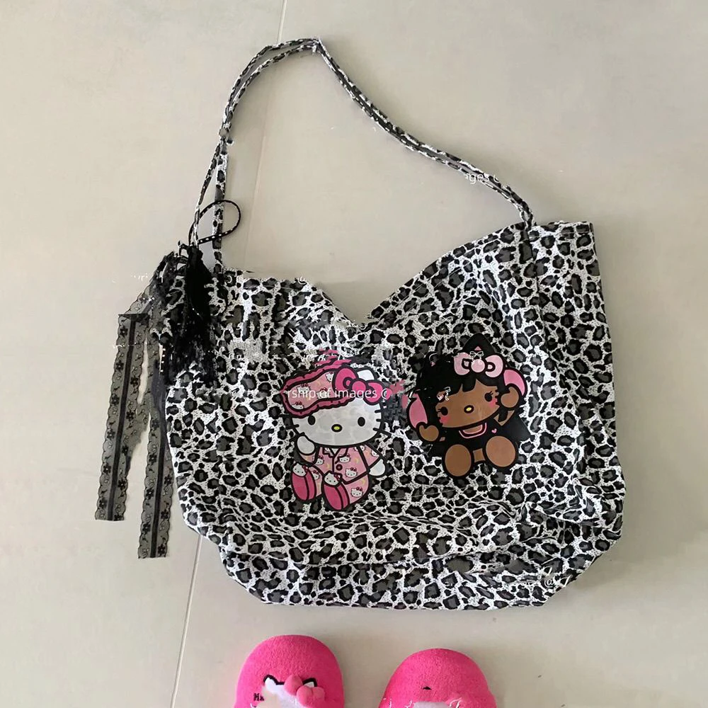 Hello Kitty Sanrio Y2K Leopard Tote Bag Anime Handbag Kawaii High-Capacity Shoulder Bag Cartoon Women Bags Axillary Pouch Gifts