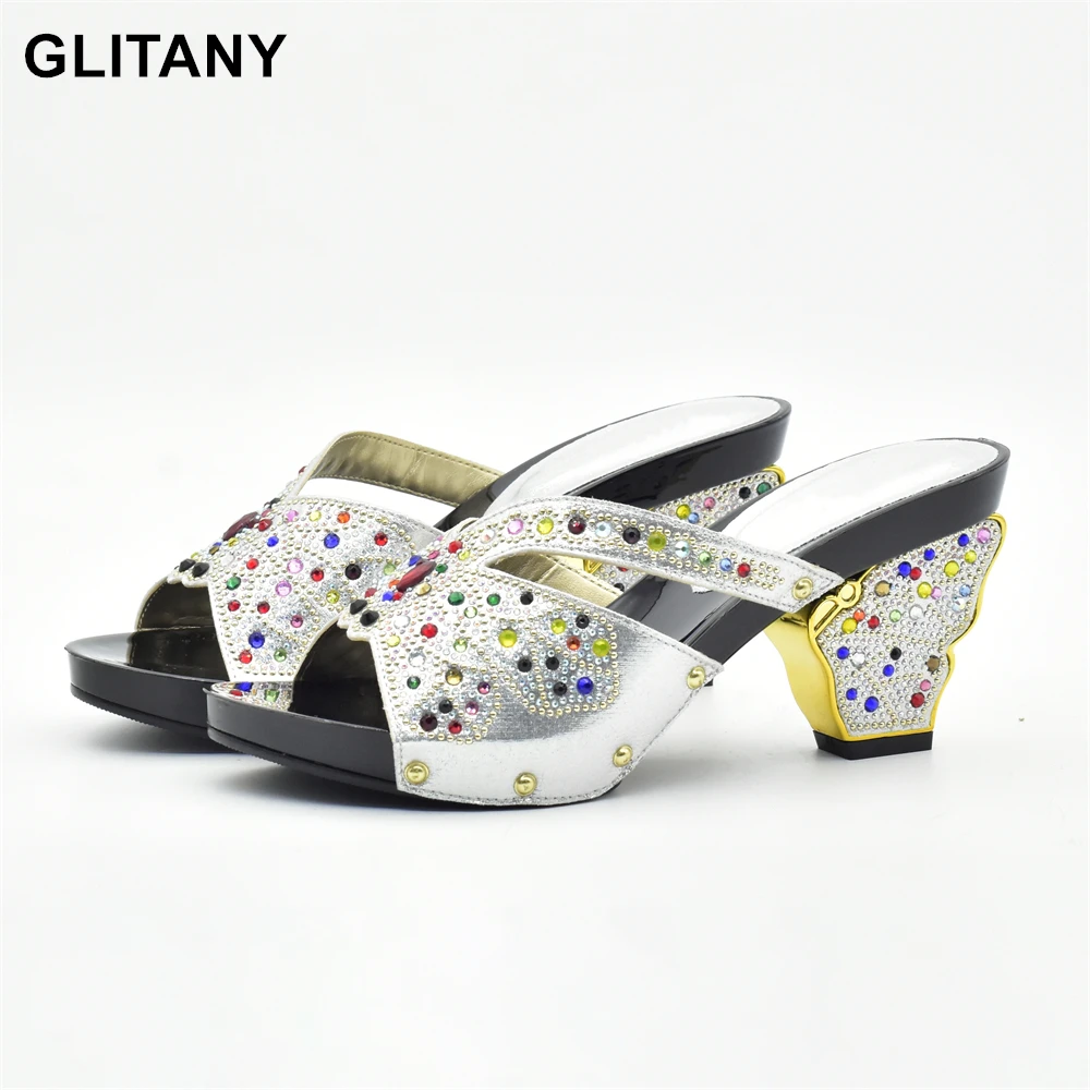 Silver Color African Women Shoes Decorated with Rhinestone Italy Women Shoe for Party Italian Women Summer Sexy High Heels Pumps