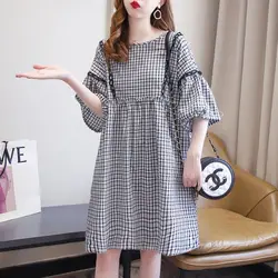 Female Clothing Casual Plaid Midi Dress Loose A-Line Stylish Bow Folds Spliced Summer Thin Round Neck Basic Short Sleeve Dresses