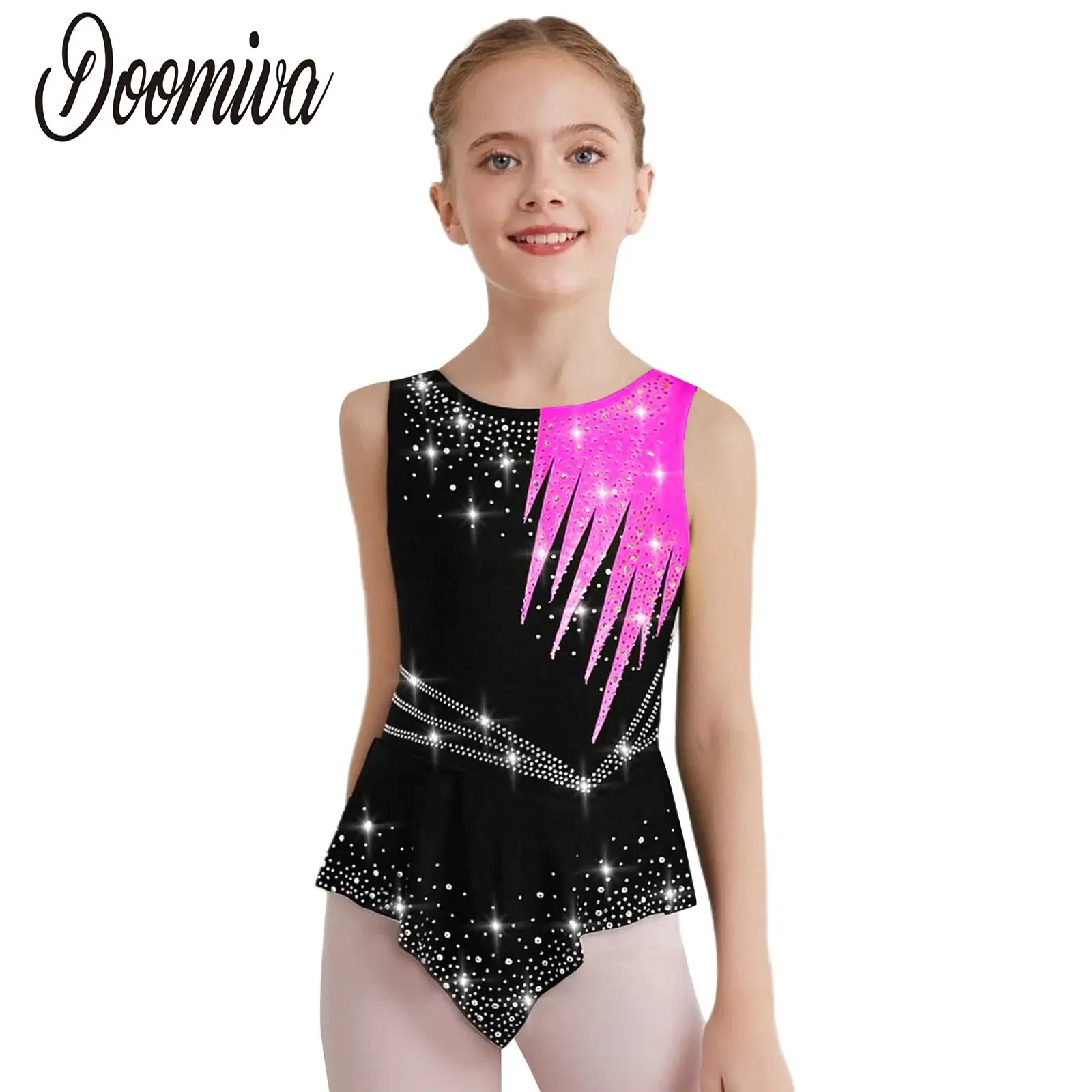 

Kids Girls Rhythmic Gymnastics Leotard Dress Artistic Figure Skating Rhinestones Rumba Latin Dance Bodysuit Performance Costumes