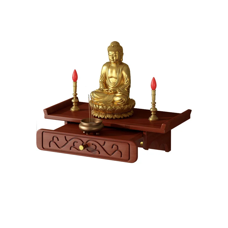 

YJQ solid wood Buddhist niche wall-mounted offering table New Chinese-style small God of Wealth incense burner rack