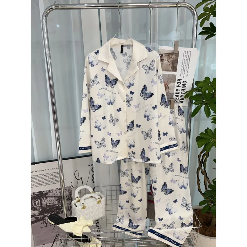 Fashionable Butterfly Print Design Elegant Women\'s Pajamas Chic High Quality Satin Material Herringbone Ice Silk Pyjamas Sets