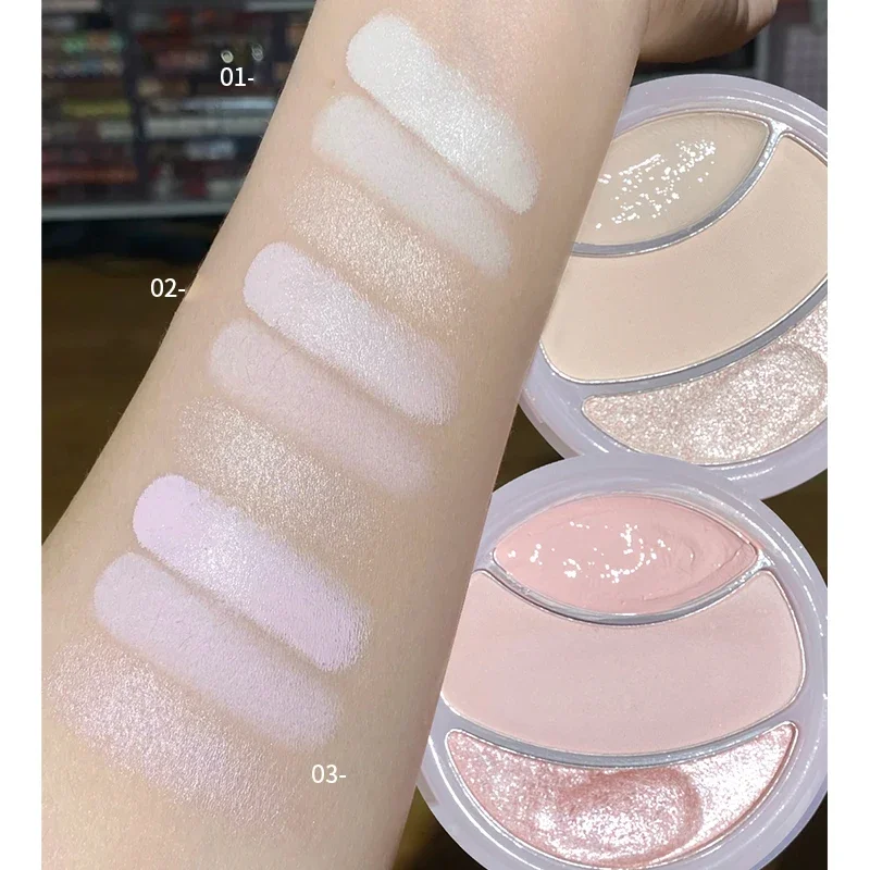 Heallor Mashed Potato Pink Highlighter Cream 3-Color 3D Face Makeup Pearl High Gloss Brightening Moisturizing Cover Concealer Pa