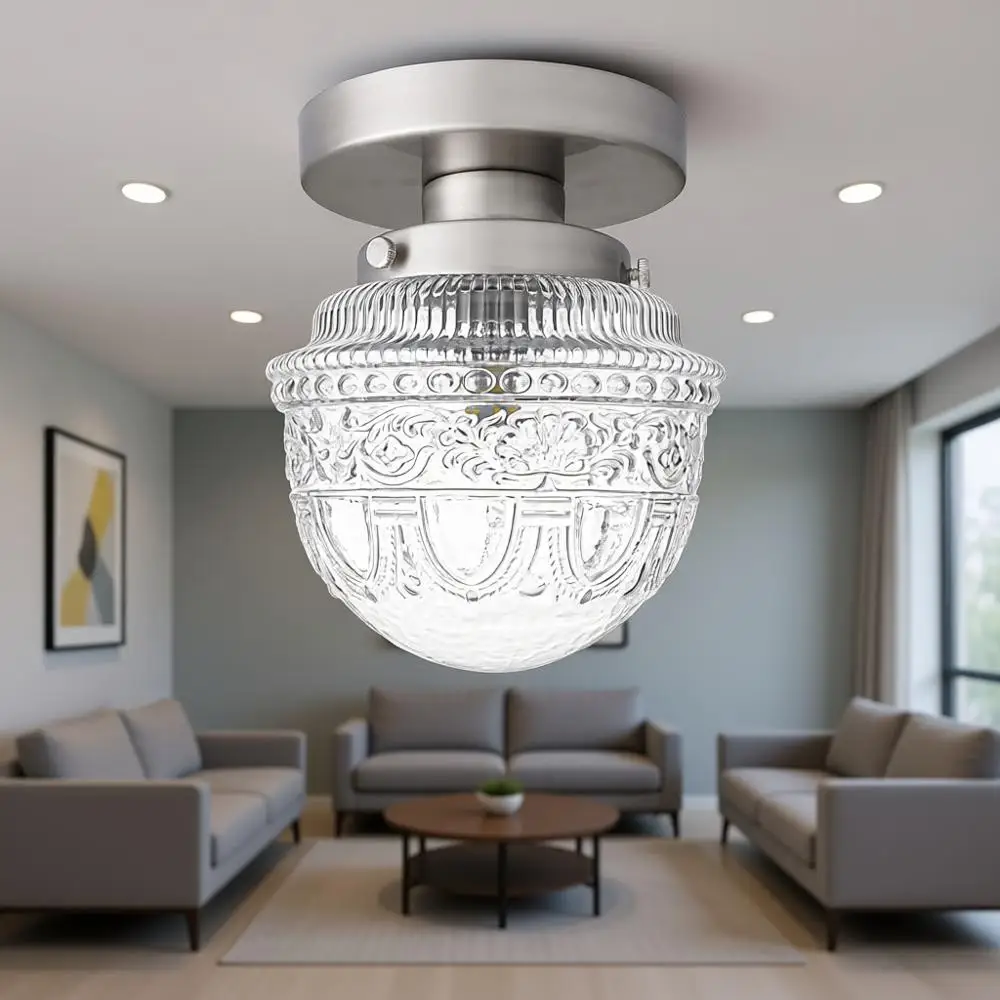 

Потолочный светильник полувстраиваемого монтажа из матового никеля, с маленьким плафоном из прозрачного стекла, для спальни, гардеробной, ванной комнаты, прихожей.