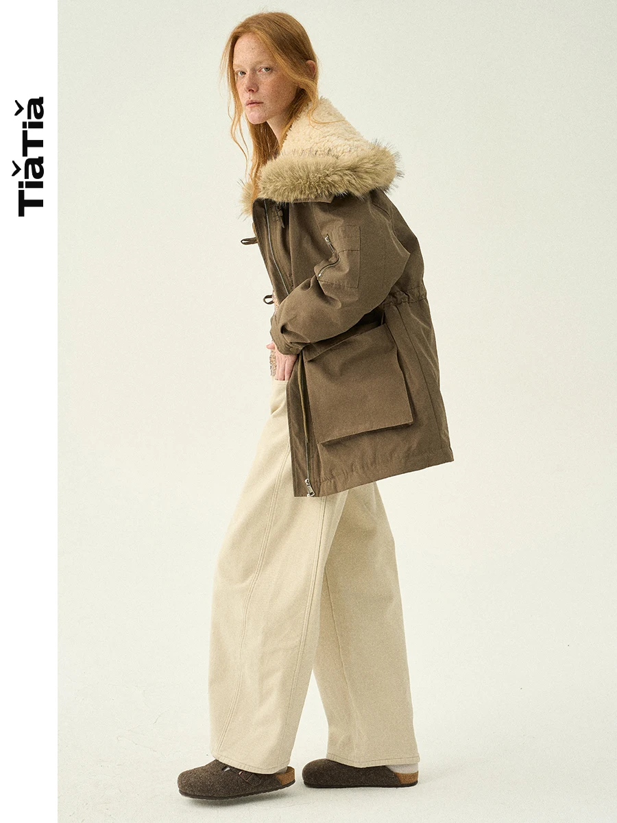 

Kaki Collar Parka Style down Jacket TiaTia Eco-Friendly Fur Trimmed Mid-Length Coat Warm Thick Long Sleeve Retro Style