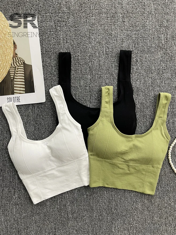 SINGREINY 2024 Fashion Casual Crop Top Women Strap Basic Chest Pad Sleeveless Sports Tank Top Solid Backless Beach Camis