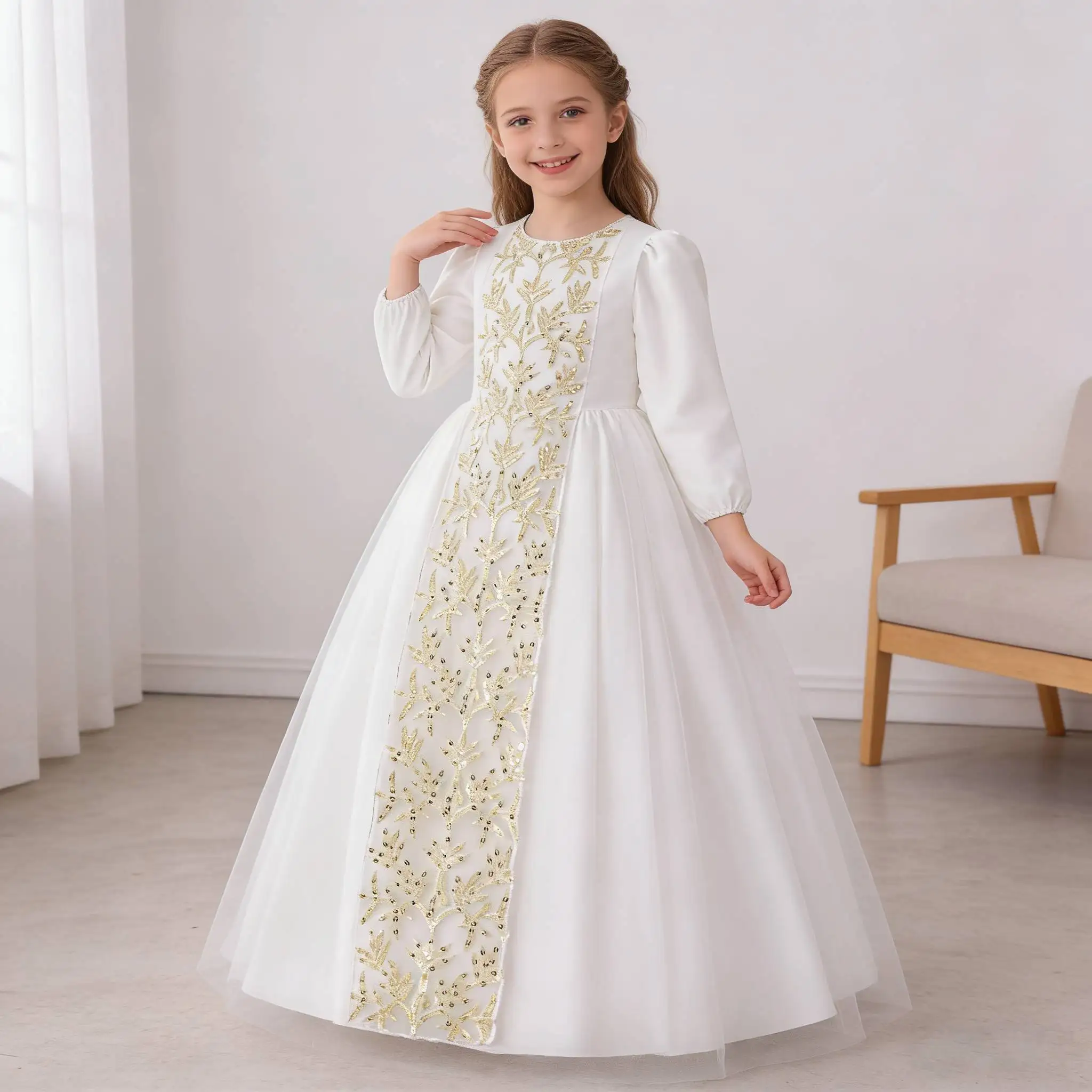 

sequin Girls Long Dress white Robe Arab Dubai Casual Dresses Muslim Ramadan Prayers Party Girl Child Eid Enfant Holiday Prom gow
