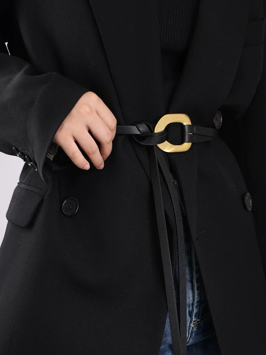 Real Leather Double Rope Thin Belt Decoration Dress Coat Waist Belt For Women Solid Fashion Long Waist Chain Vintage Waistband