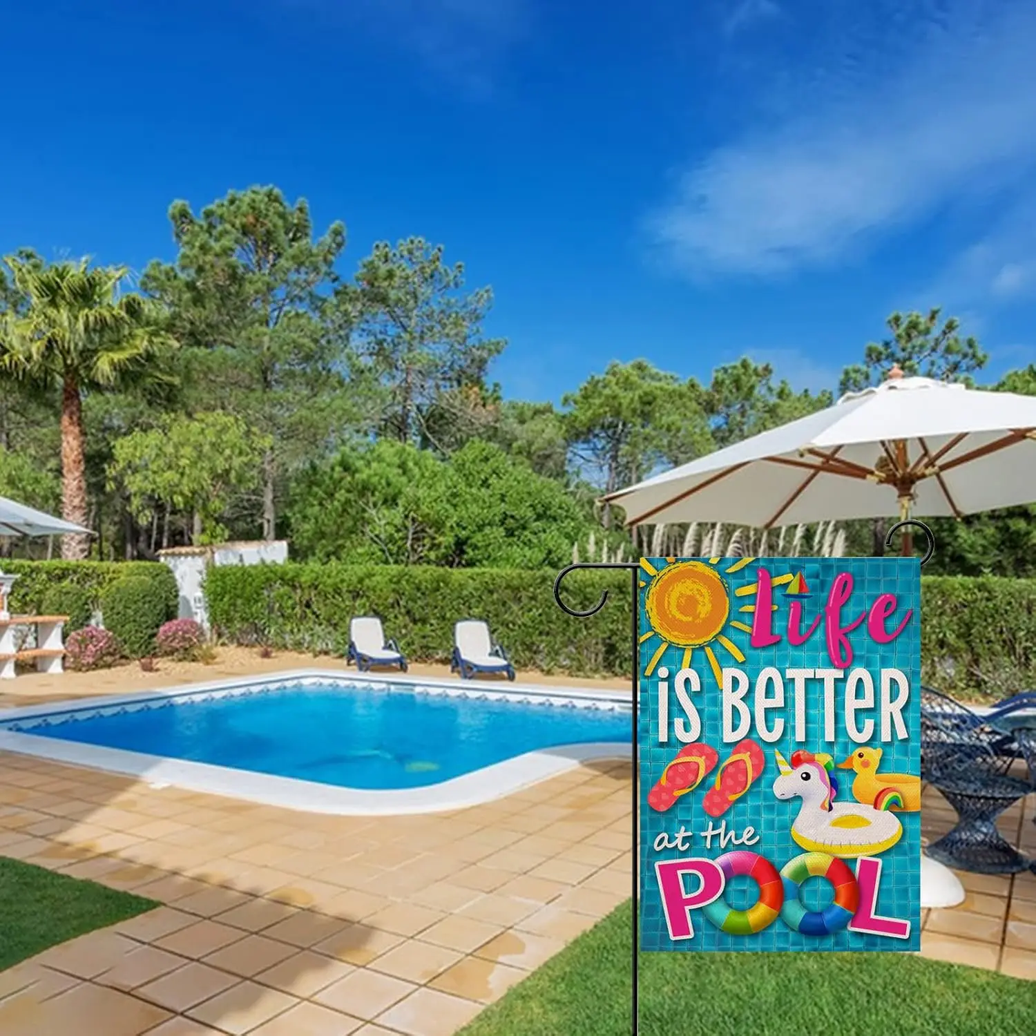 Summer Life is Better at the Pool Decorative Garden Flag, Sun Sunshine Swimming Ring Flip Flop Yard Outside Decoration, Seas WWP