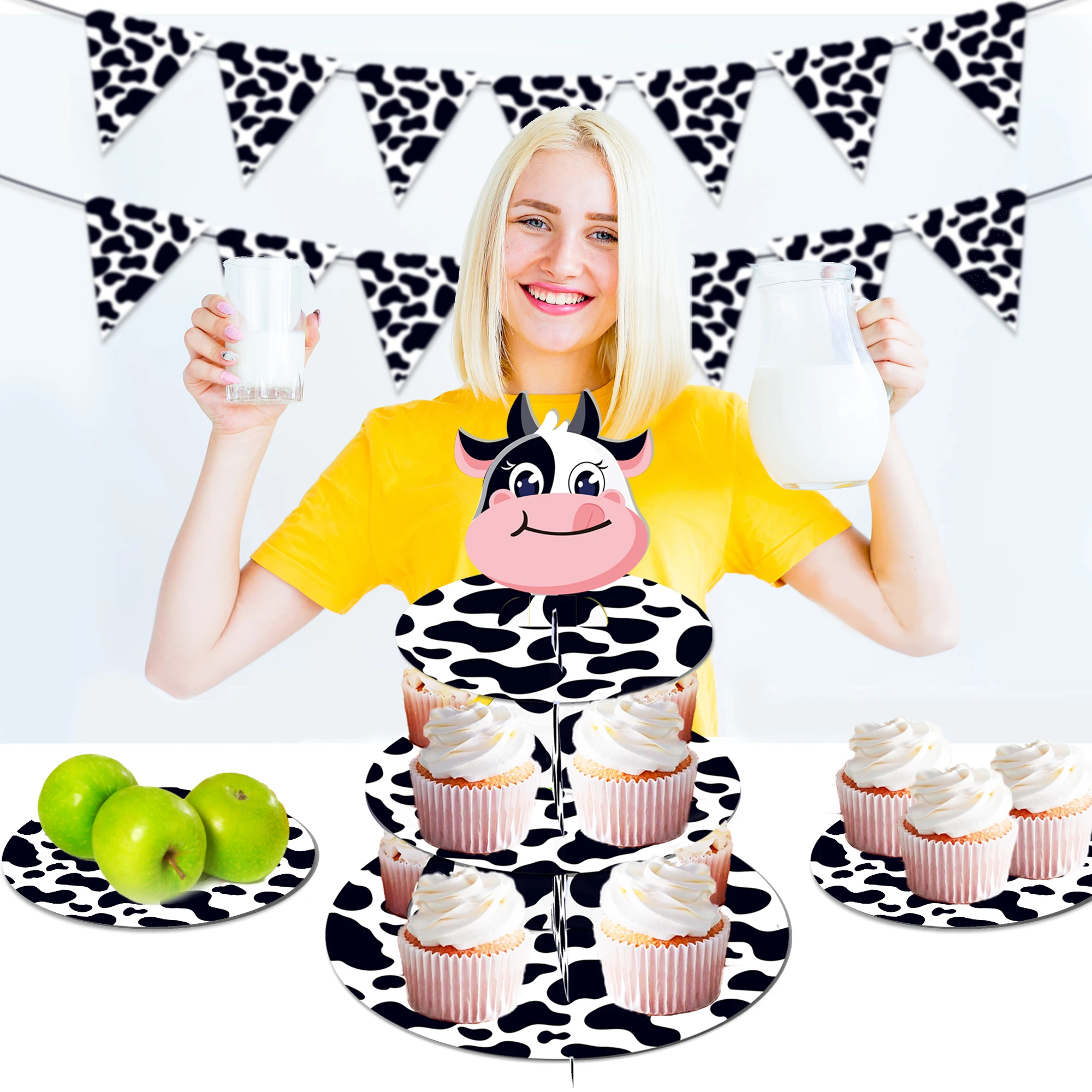 Cupcake Stand Tier - 3-stufiger Cartoon-Kuh-Farmtier-Party-Kuchenständer, Desserthalter, Kindergeburtstag, Babyparty, Cupcake-Display,