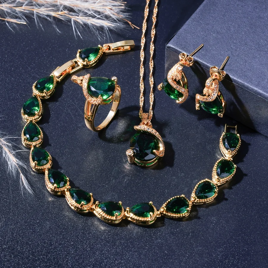 Elegant Green Zirconia 18K Gold Plated Water Drop Wedding  Jewelry Sets for Women Earrings Necklace Ring Bracelet