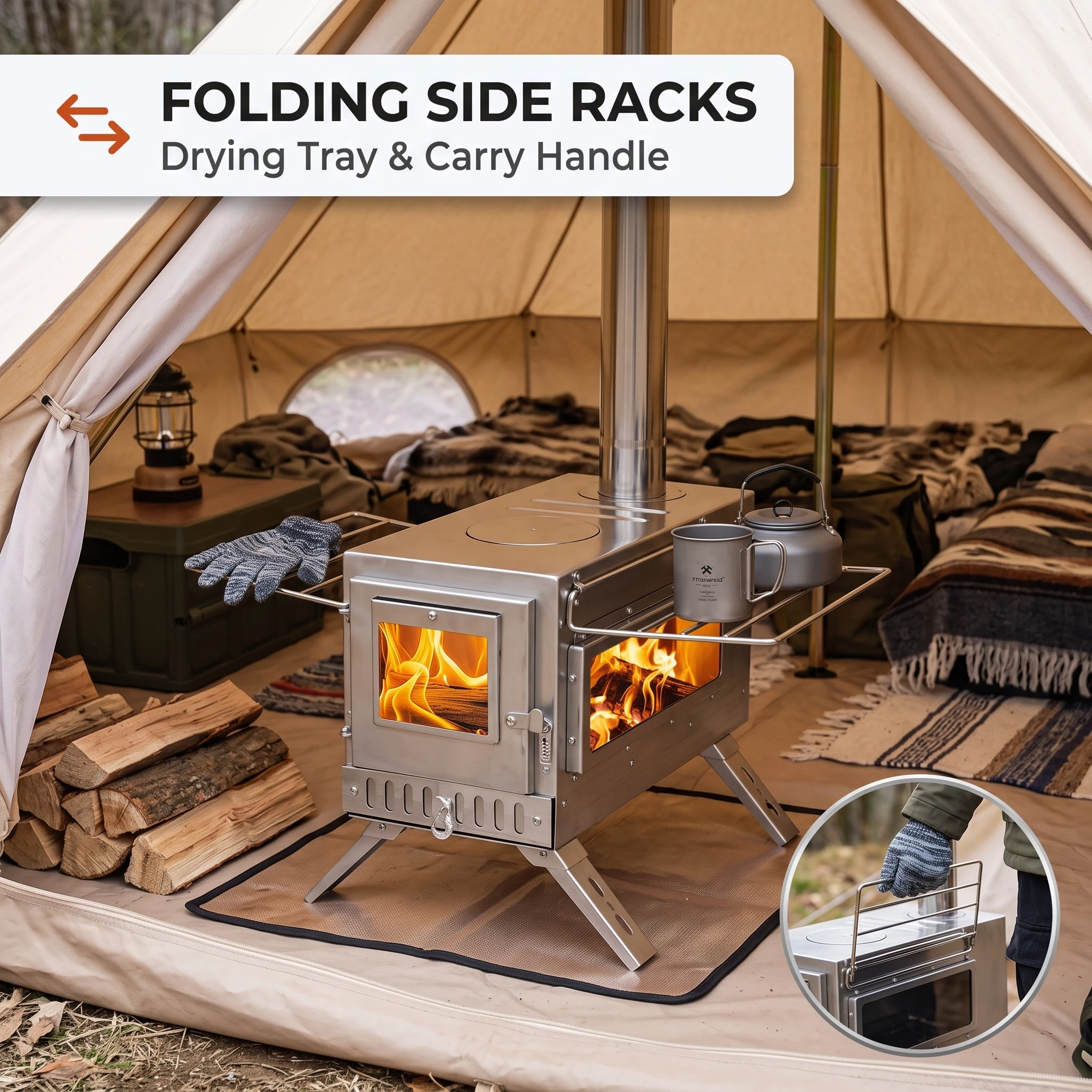 Portable Camping Wood Stove Stainless Steel Tent Stove with 7 Chimney Pipes, Glass Windows and Carry Bag for Heating Cooking