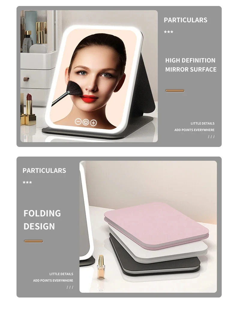GGbingo USB Rechargeable 3 Colors LED Makeup Mirror Pocket Mirror Touch Dimmable 3 Brightness Foldable for Travel Office Home