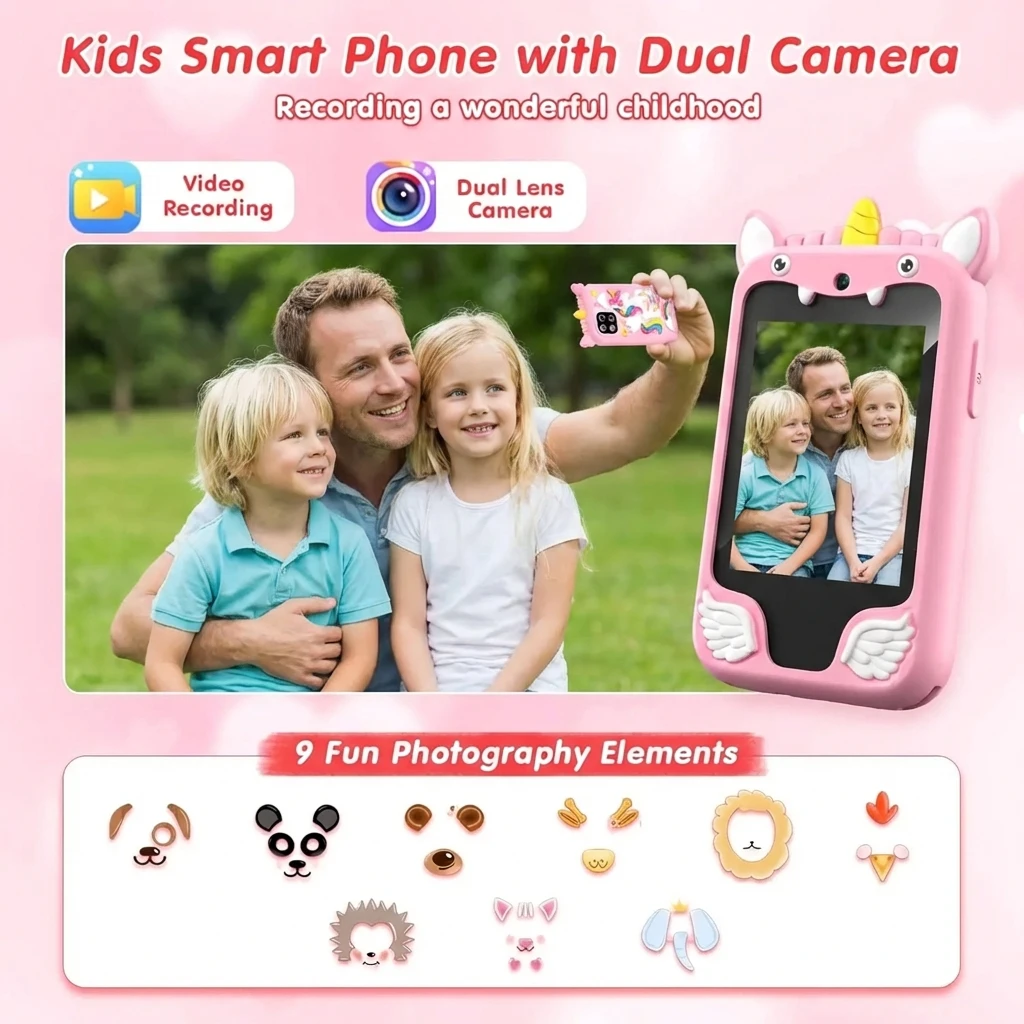 Telefono Giocattolo per Bambini Unicorno 2.8'' Mini Cellulare con Storie Musica Fotocamera Monitoraggio Abitudini Strumenti Educativi 8GB Regalo per Bambini